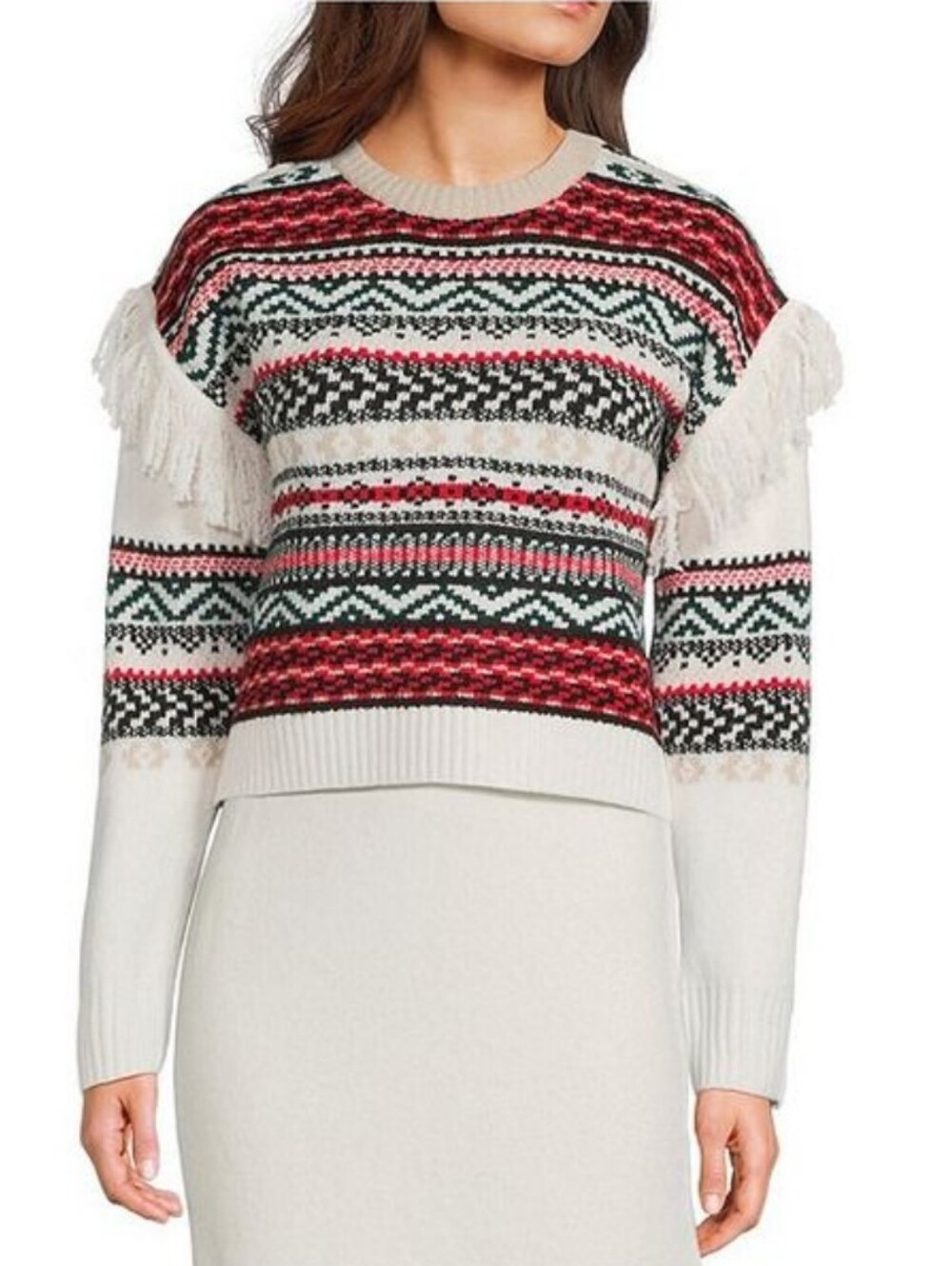 NWT Everly Geometric Fringe Wool Blend Sweater. Large